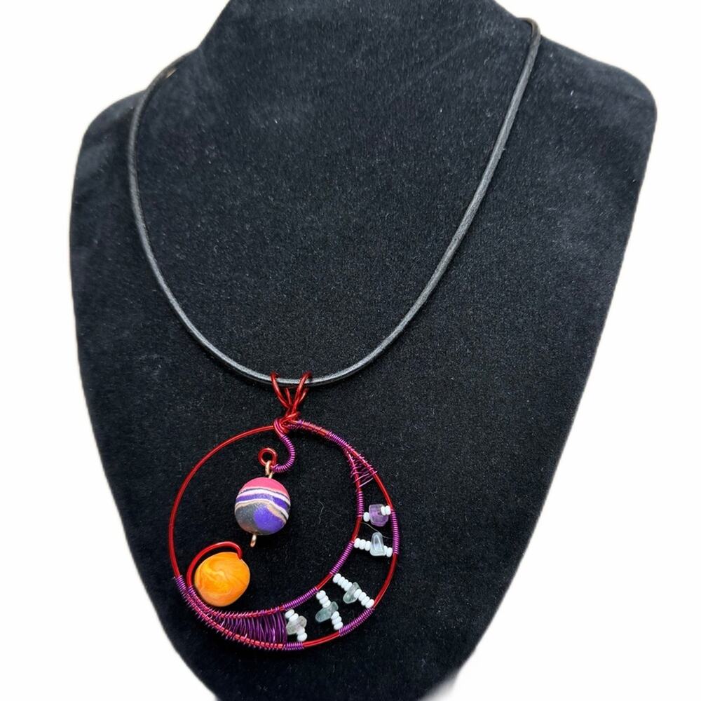 Moon pendant wire wrap rainbow moonstone handmade leather necklace
